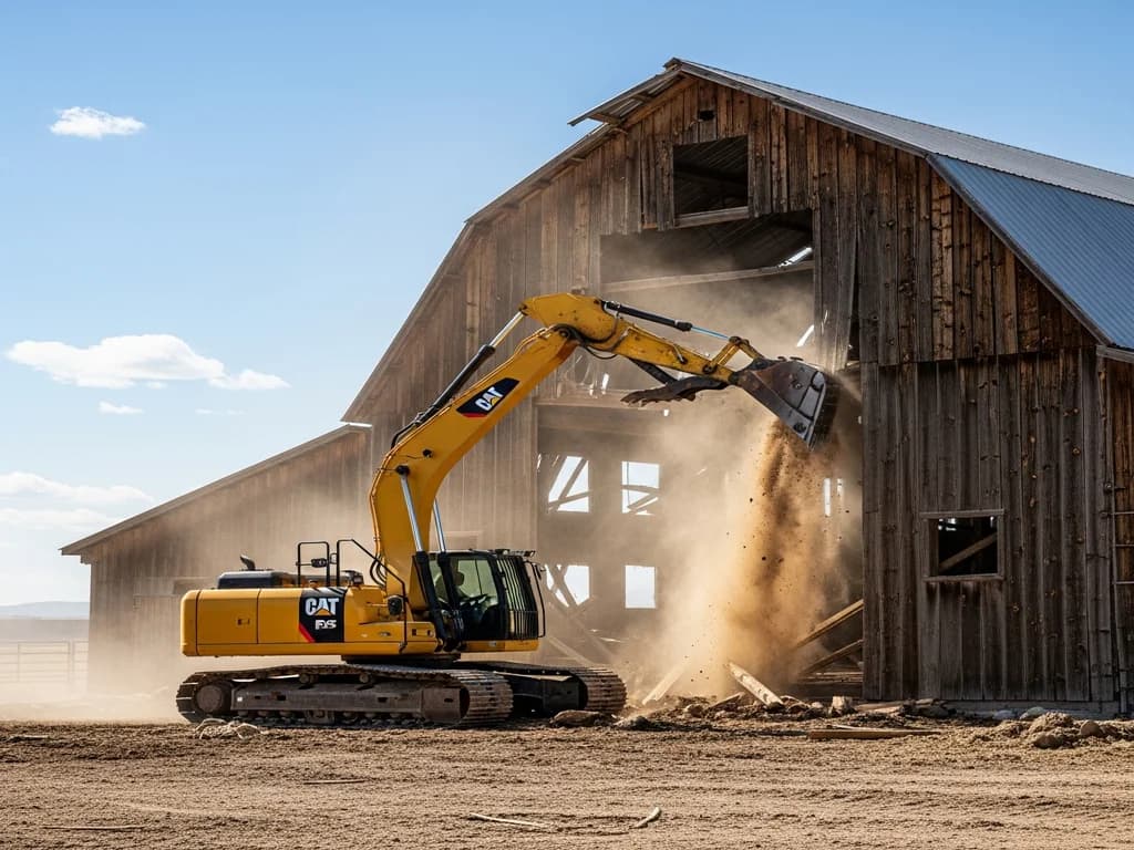 Iron Crest Earthworks excavator tearing down a weathered wood barn under a clear blue Treasure Valley, Idaho sky