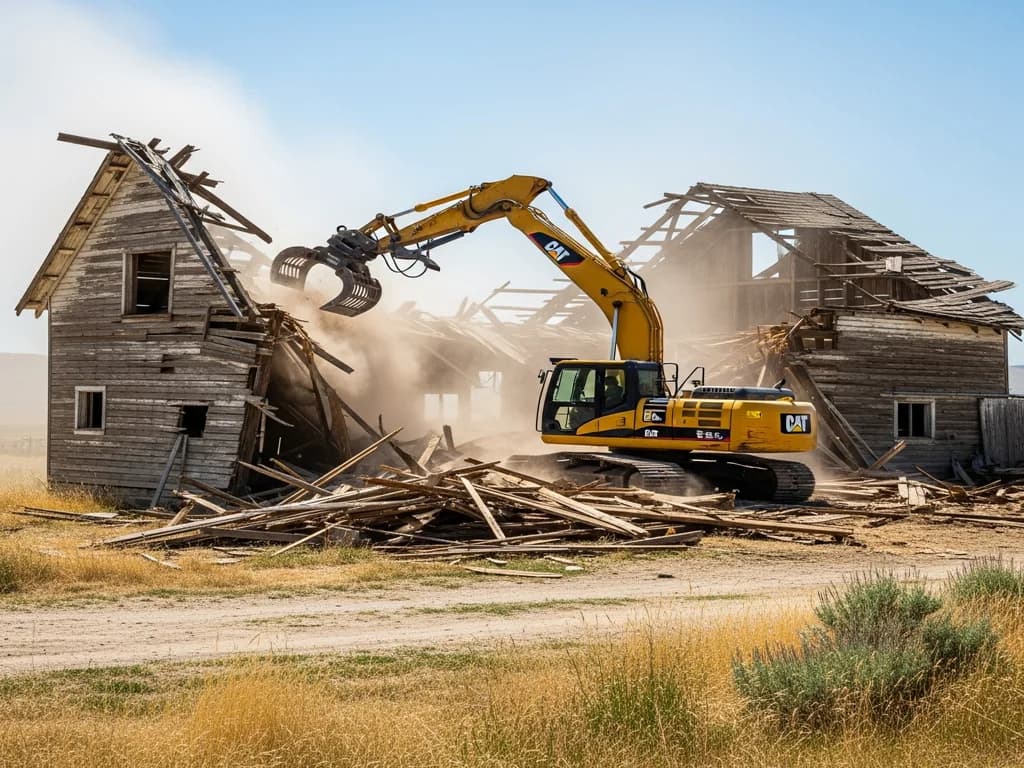 Tracked excavator demolishing an old two-story wood farmhouse with debris piled on the lot
