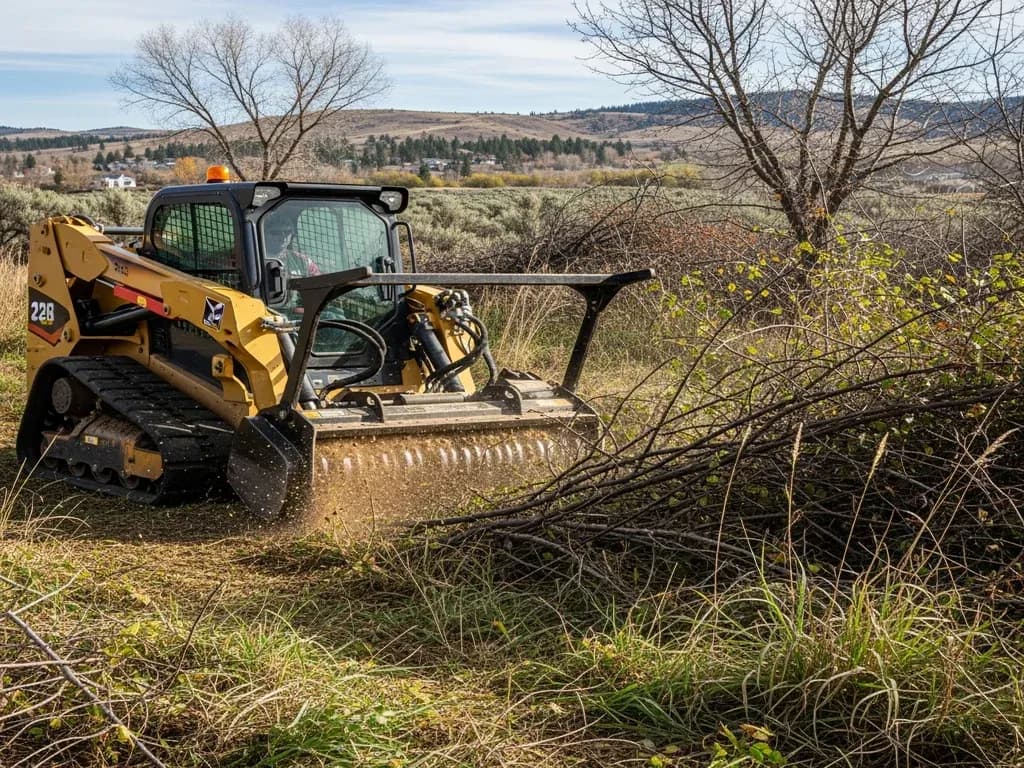 Compact track loader with a forestry mulcher clearing brush and overgrowth on a hillside lot