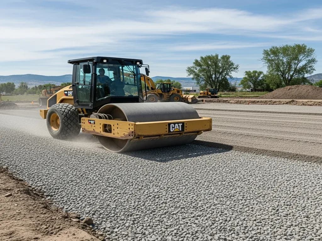 CAT smooth-drum roller compacting gravel road base on a freshly prepared building pad